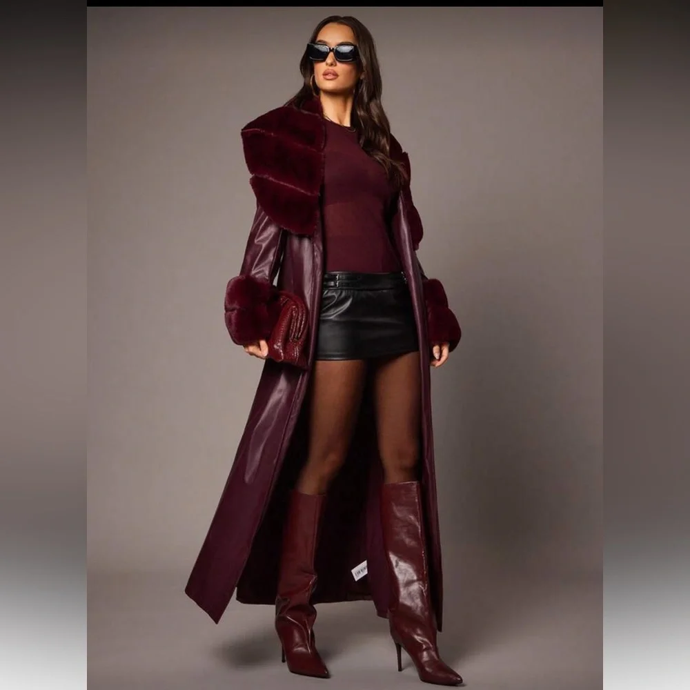 BELT ONLY 🔥 Faux fur collar cuffs vegan leather trench coat burgundy maroon - Picture 5 of 9